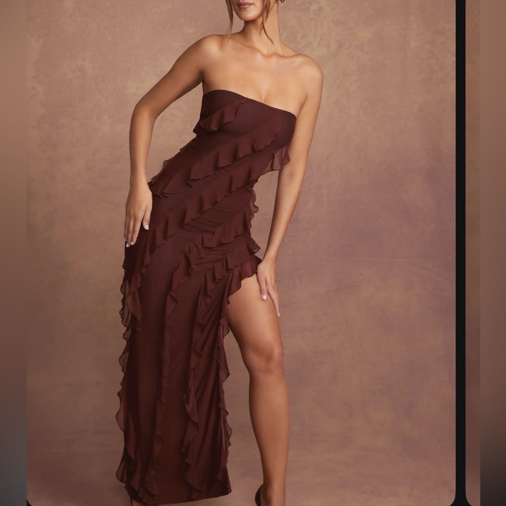 Bandeau Ruffle Brown Maxi Dress